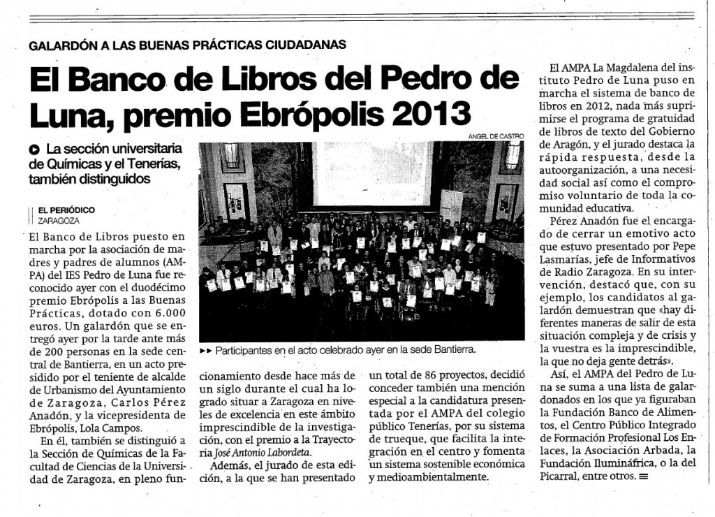 PREMIO Ebropolis 2013 AMPA IES Pedro de Luna PdeA noticia