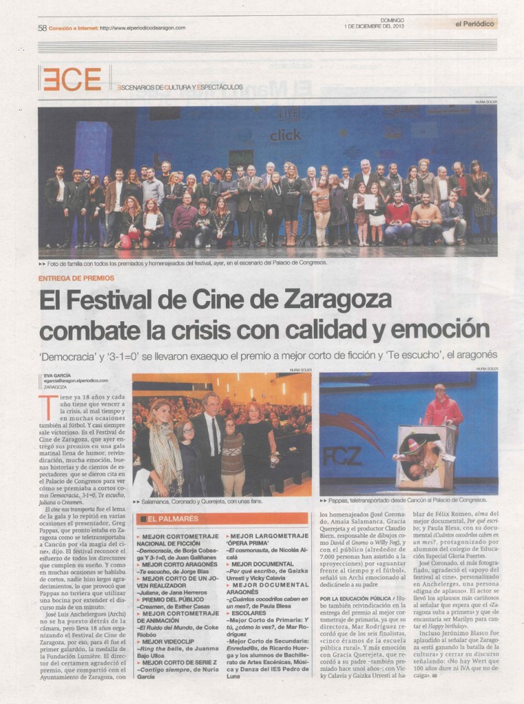 Festival Cine Zaragoza PREMIO corto IES Pedro de Luna PdeA-N