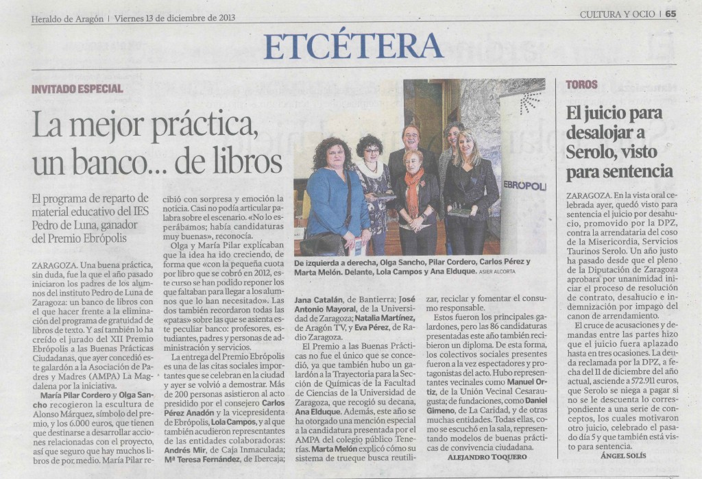 PREMIO Ebropolis 2013 AMPA IES Pedro de Luna HdeA noticia